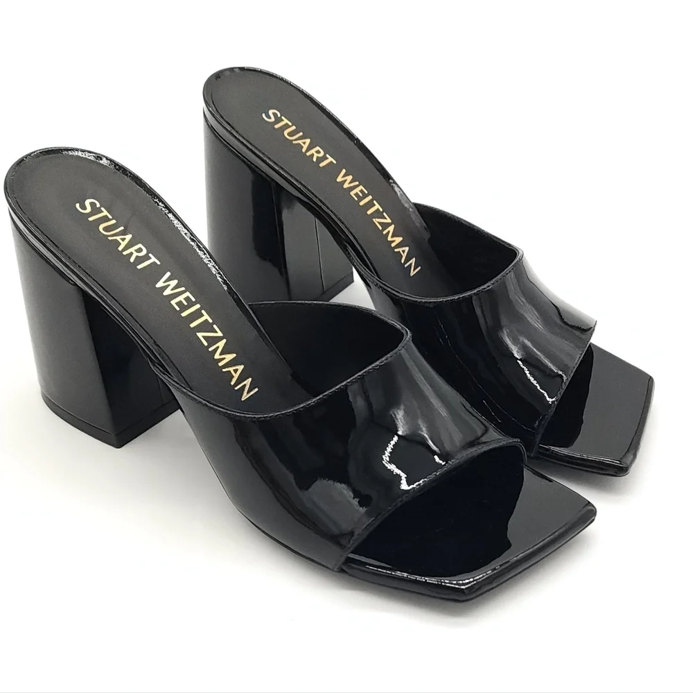 $525 Stuart Weitzman TIA 85 Flareblock Black Patent Open Toe Slide Size 8